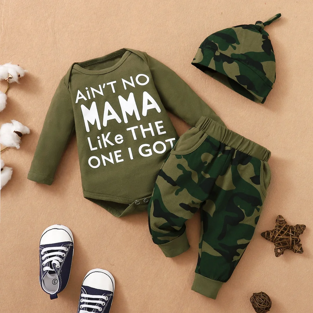 3PCS Ain't No Mama Like The One I Got Letter Camouflage Printed Baby Set