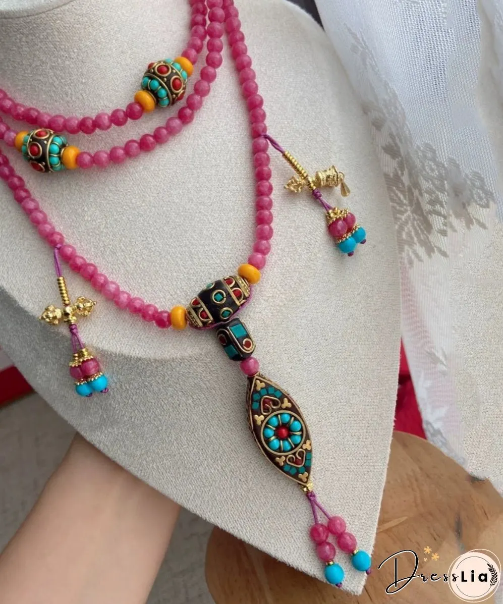 Loose Pink Gem Stone Cloisonne Enamel Beading Tassel Pendant Necklace