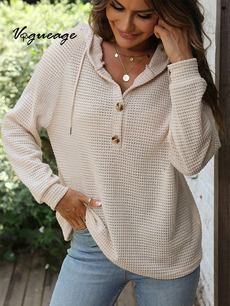 Fashion Solid Color Hooded Button Loose Long Sleeve Women's Sweatshirt