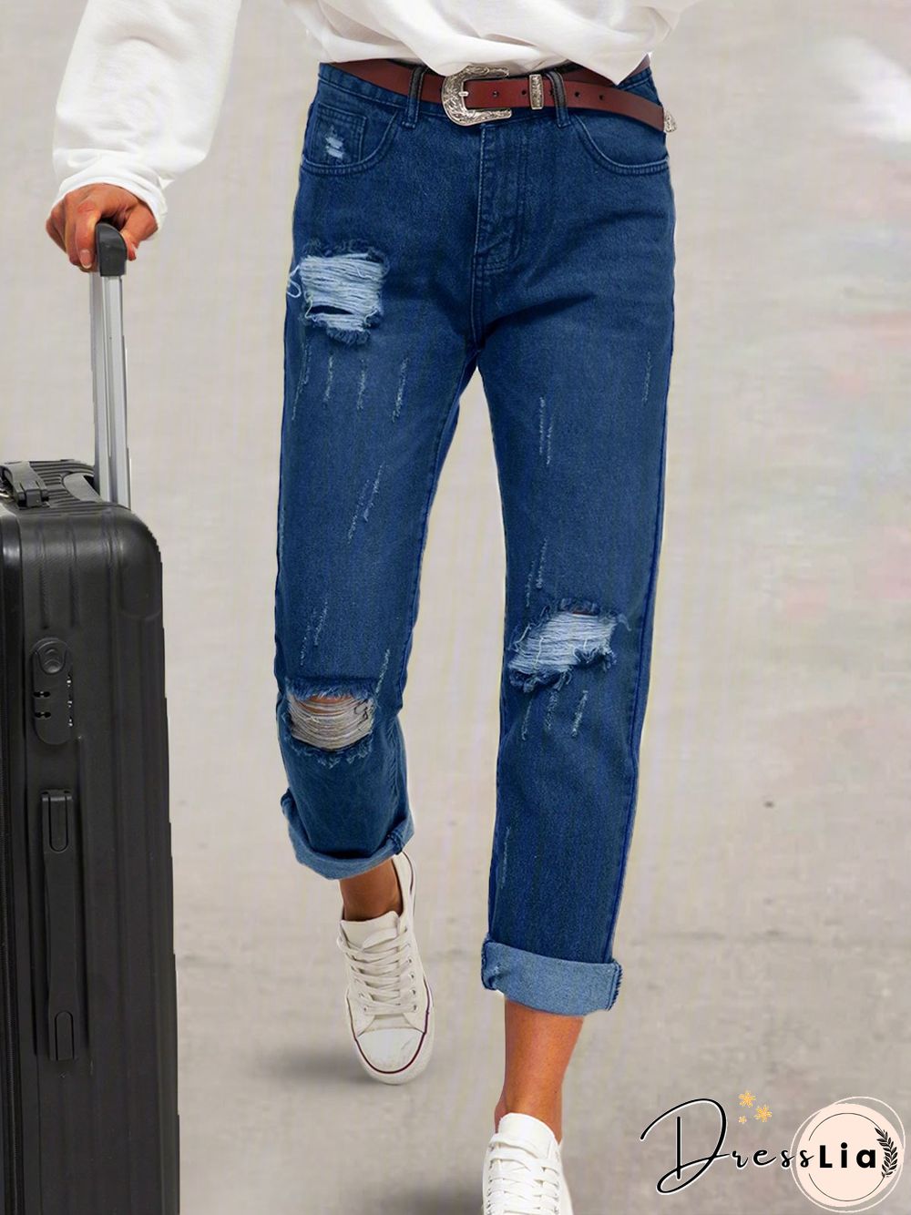 Blue Denim Plain Casual Pants