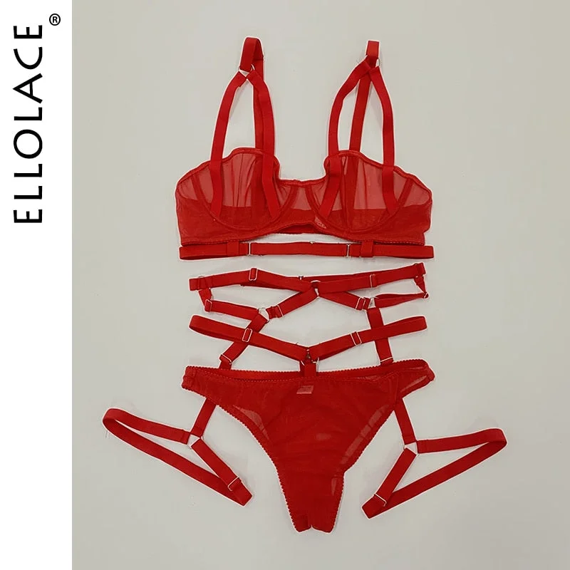 Ellolace Sensual Lingerie Bandage Transparent Erotic Underwear 3 Piece Bilizna Set Underwire Bra Garters Briefs Sexy Intimate