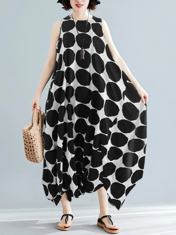 Fashion Roomy Polka-Dot Short Sleeves Round-Neck Midi Dress