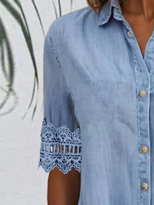 Women Short Sleeve Shirt Collar Solid Button Pockets Lace Denim Midi Dress