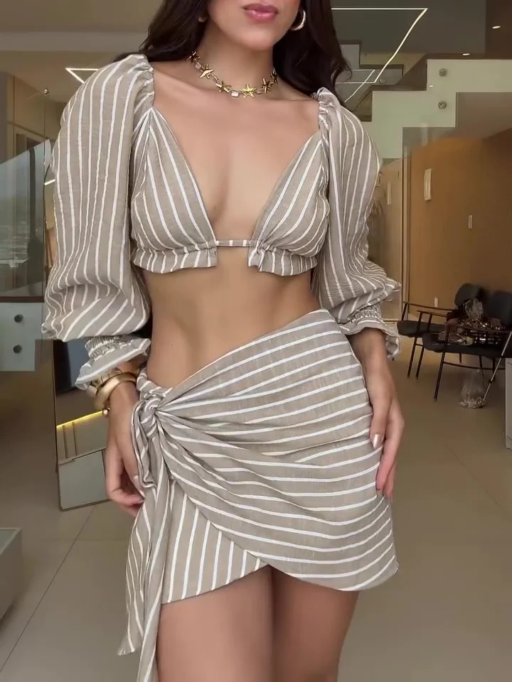 Striped Long-sleeved Crop Top & Strappy Skirt Set