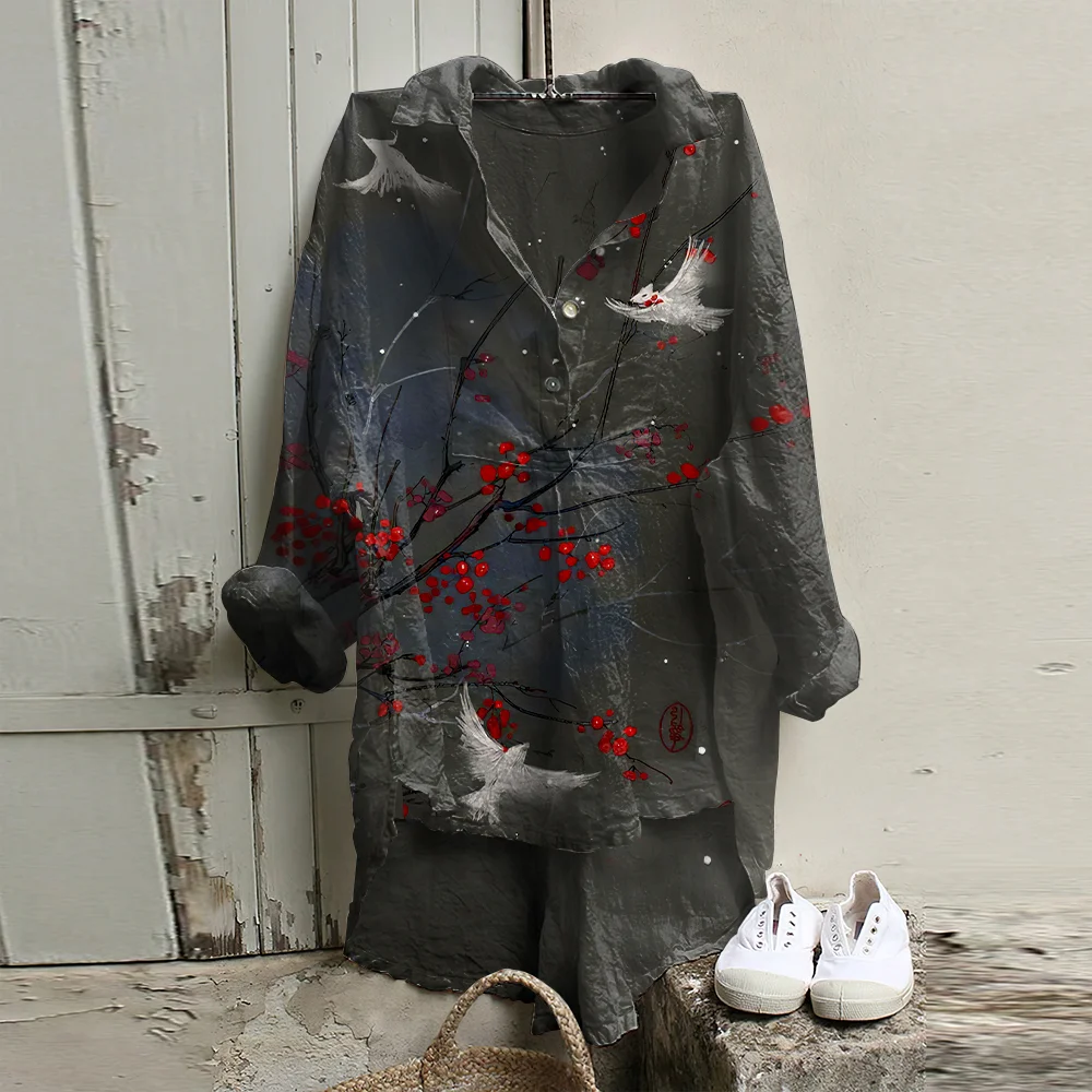 Women's Japanese Art Red Plum And Birds Linen Blend High Low Tunic