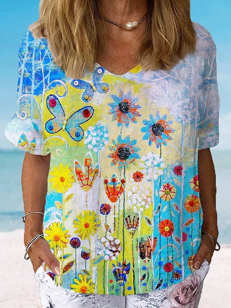 Women's Watercolor Flower Art Print Casual Cotton And Linen Shirt