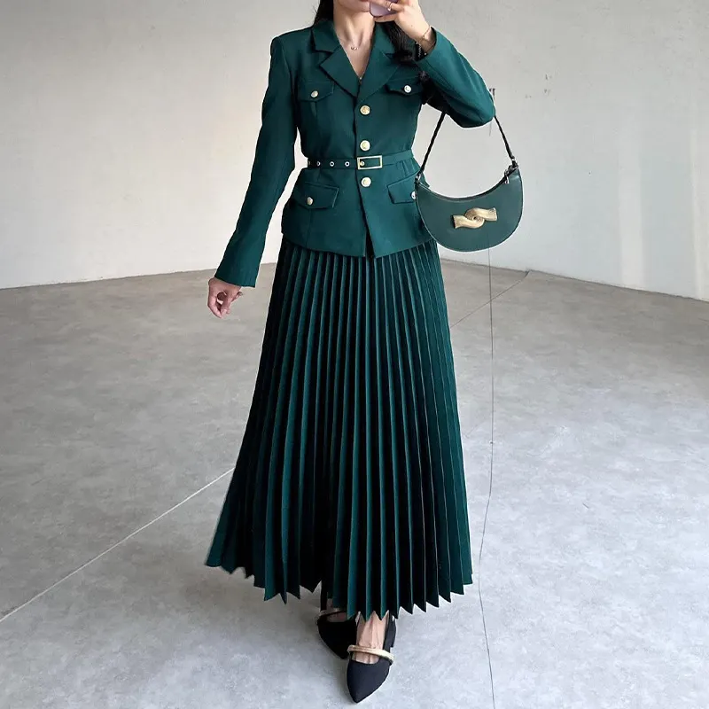Women's 2 Piece Blazer & Pleated Skirt Set, Belted Tailored Jacket & Maxi Skirt | 168DEAL