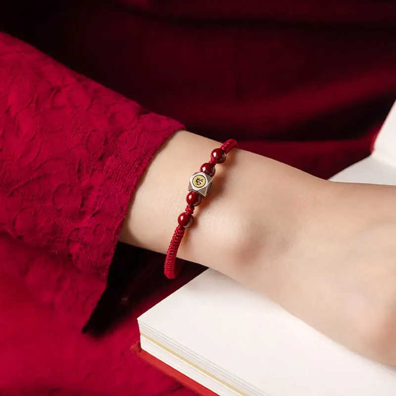 925 Sterling Silver Chinese Zodiac Natal Buddha Cinnabar Calm Bracelet