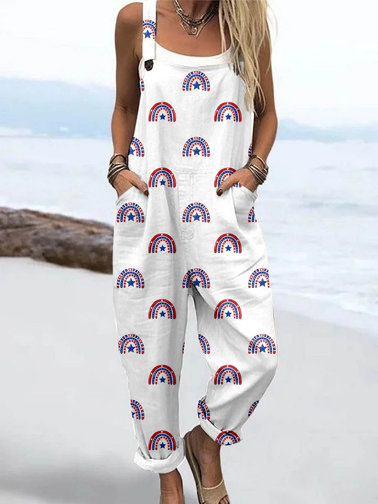 Wome'S Simple Style Independence Day Rainbow Pattern Print Casual Cotton Wide Leg Jumpsuit