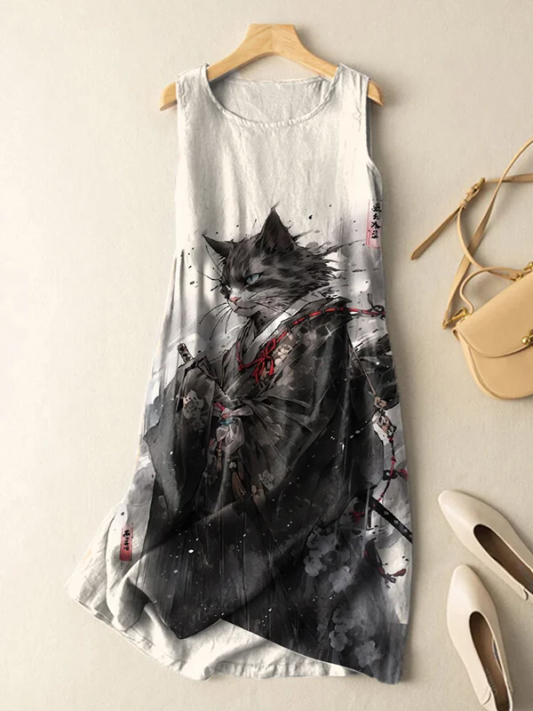 Women's Japanese Cat Samurai Ink Painting Print Cotton And Linen Midi Dress