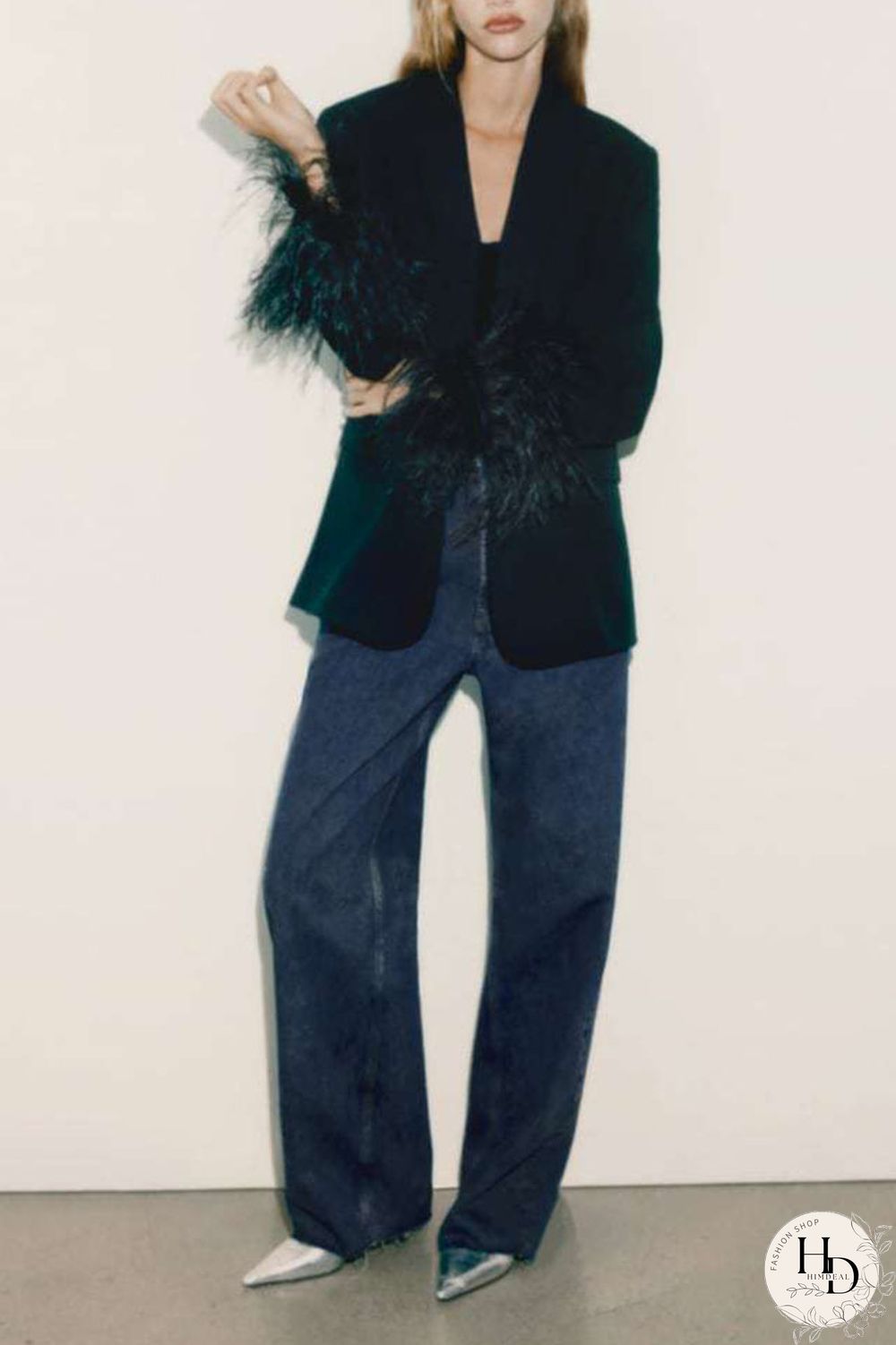 Black Casual Solid Patchwork Buttons Feathers Turn-back Collar Outerwear