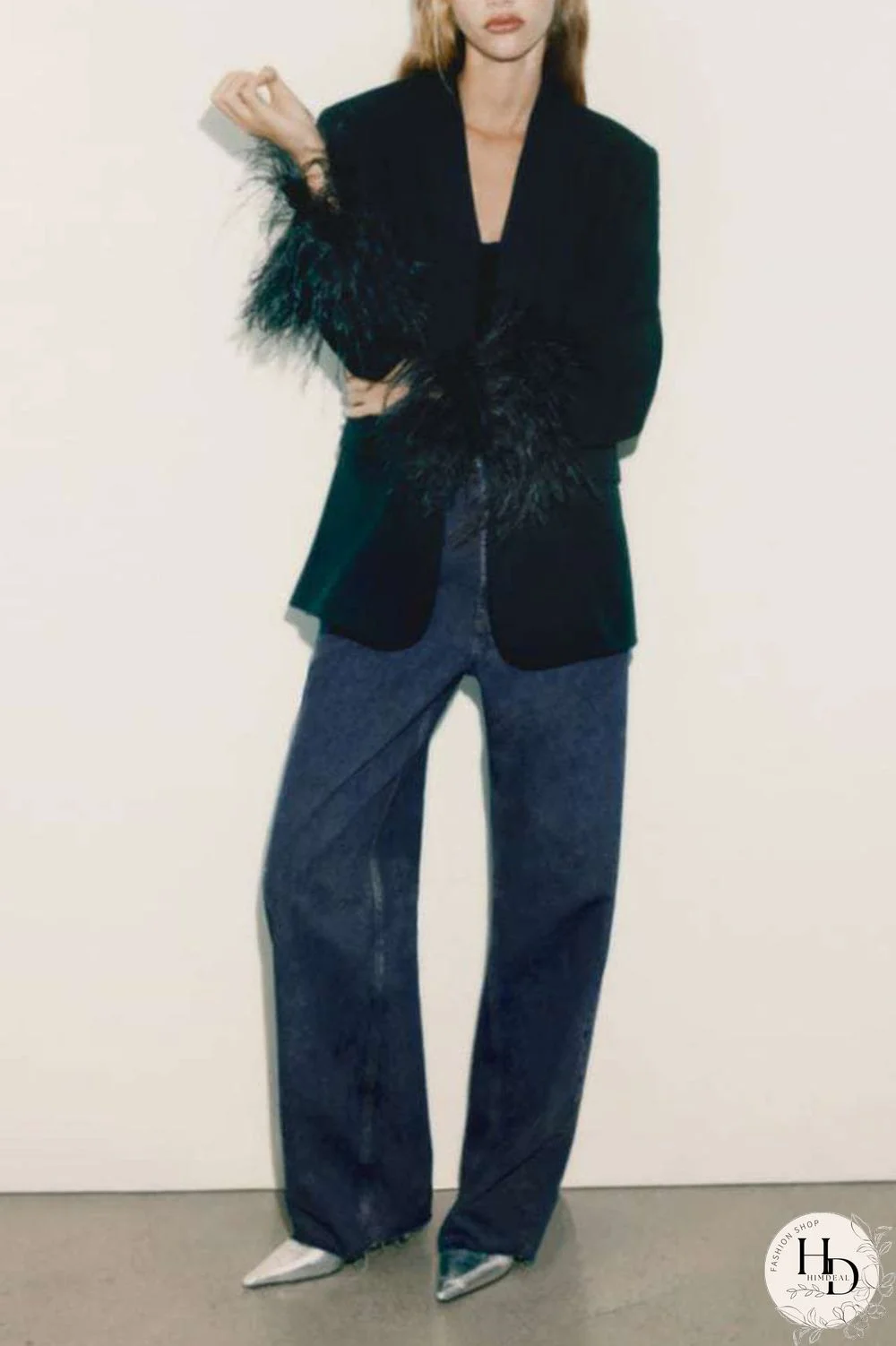 Black Casual Solid Patchwork Buttons Feathers Turn-back Collar Outerwear