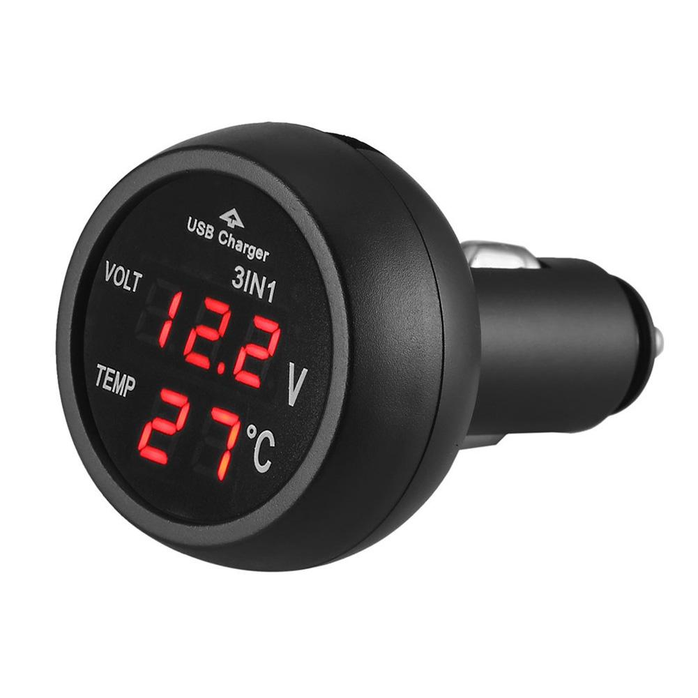 

3 in 1 12/24V Car Auto LED Digital Voltmeter Gauge+Thermometer+USB Charger, Red, 501 Original