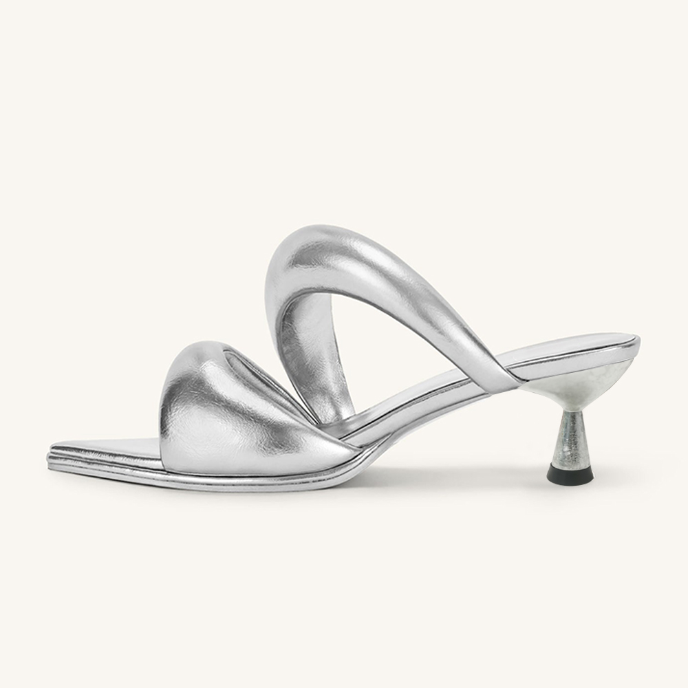 Silver Metallic Open Toe Kitten Heel Puffy Strap Mules for Women Nicepairs