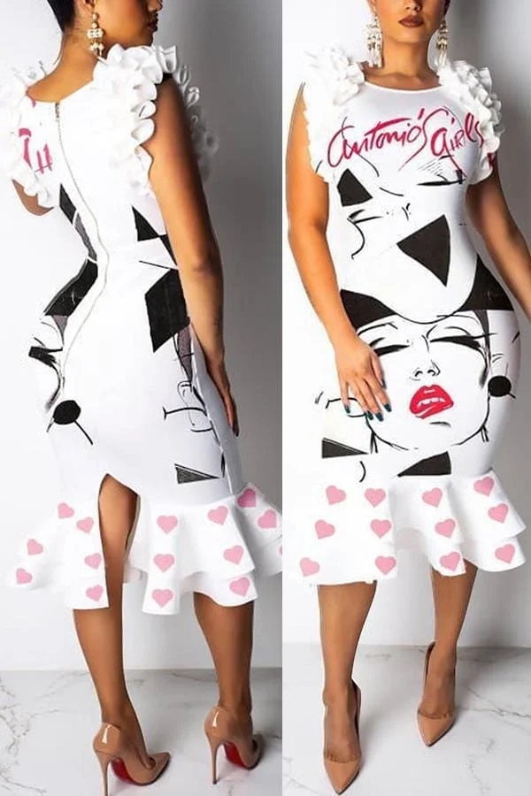 Trendy Cartoon Printed Mid Calf Dress