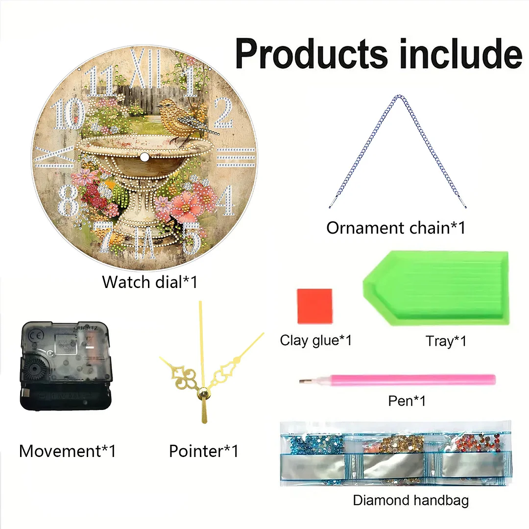 2D DIY Acrylic Birds Diamond Painting Clock Pendant w/ Clock Function Wall Decor