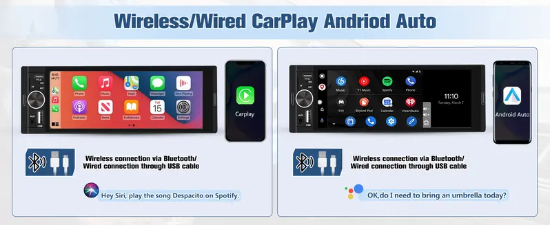 Product Introduction of Universal Single Din Car Stereo with Wireless CarPlay & Android Auto. 6.36 Inch IPS Touch Screen Head Unit with Backup Camera/External Microphone. Car Radio Supports Bluetooth/SWC/FM/USB/TF 12