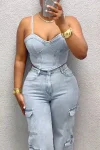 Women's Sexy Stretch Denim Camisole Pant Suit