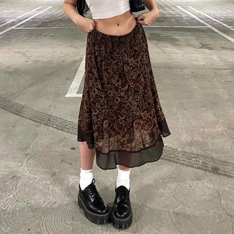 Xingqing 2000s Aestheti Midi Skirts Cute Womens Floral Print Y2K Kawaii Clothes High Waist Vintage Autumn Skirt 90s Streetwear