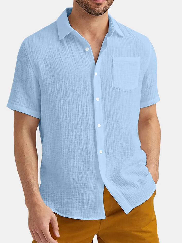 Men's Summer Comfortable Everyday Puff Wrinkle Pocket Short Sleeve Shirt
