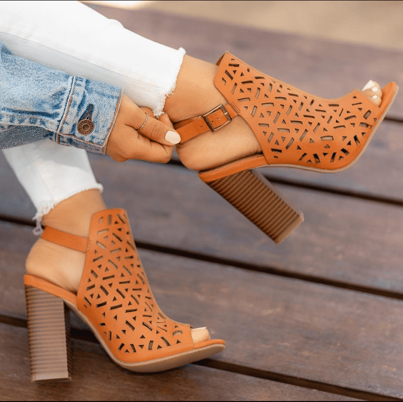 GOOSHOE High Chunky Heel Cutout Buckle Peep Toe Sandals