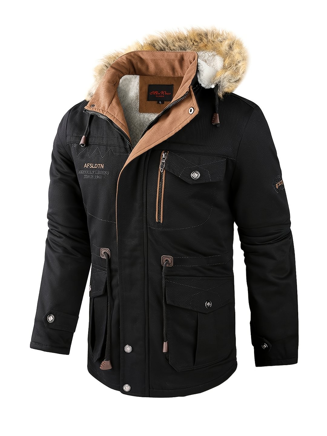 Men's Fleece Flap Pocket Windbreaker Parka Jacket With Faux Fur Hoodie Fall/Winter New