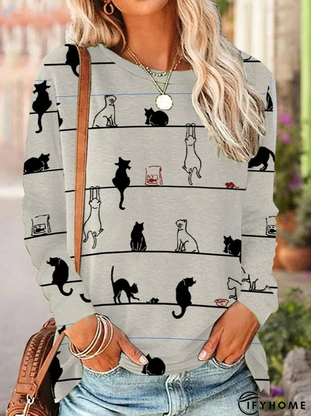 Casual Crew Neck Cat T-Shirt | IFYHOME