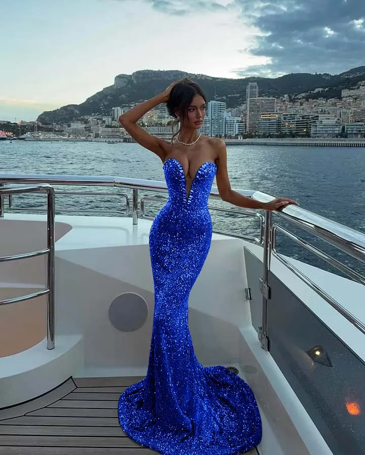 Daisda Dreamy Sequins V-Neck Sleeveless Strapless Long Prom Dress With Mermaid