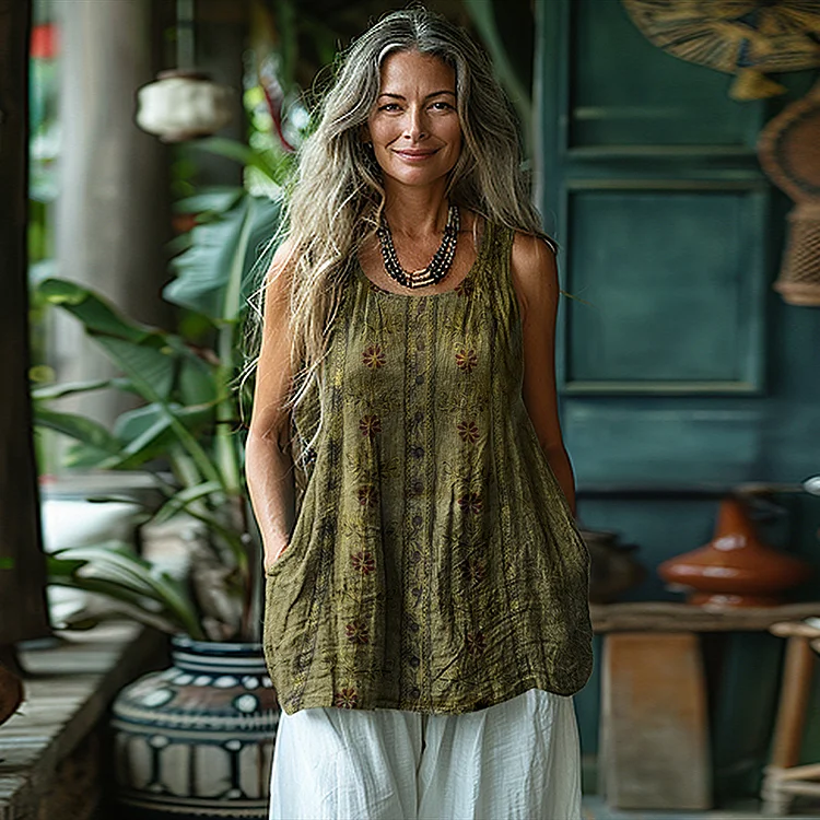 Utbros Vintage Tribal Pattern Art Sleeveless Linen Blend Tank Top