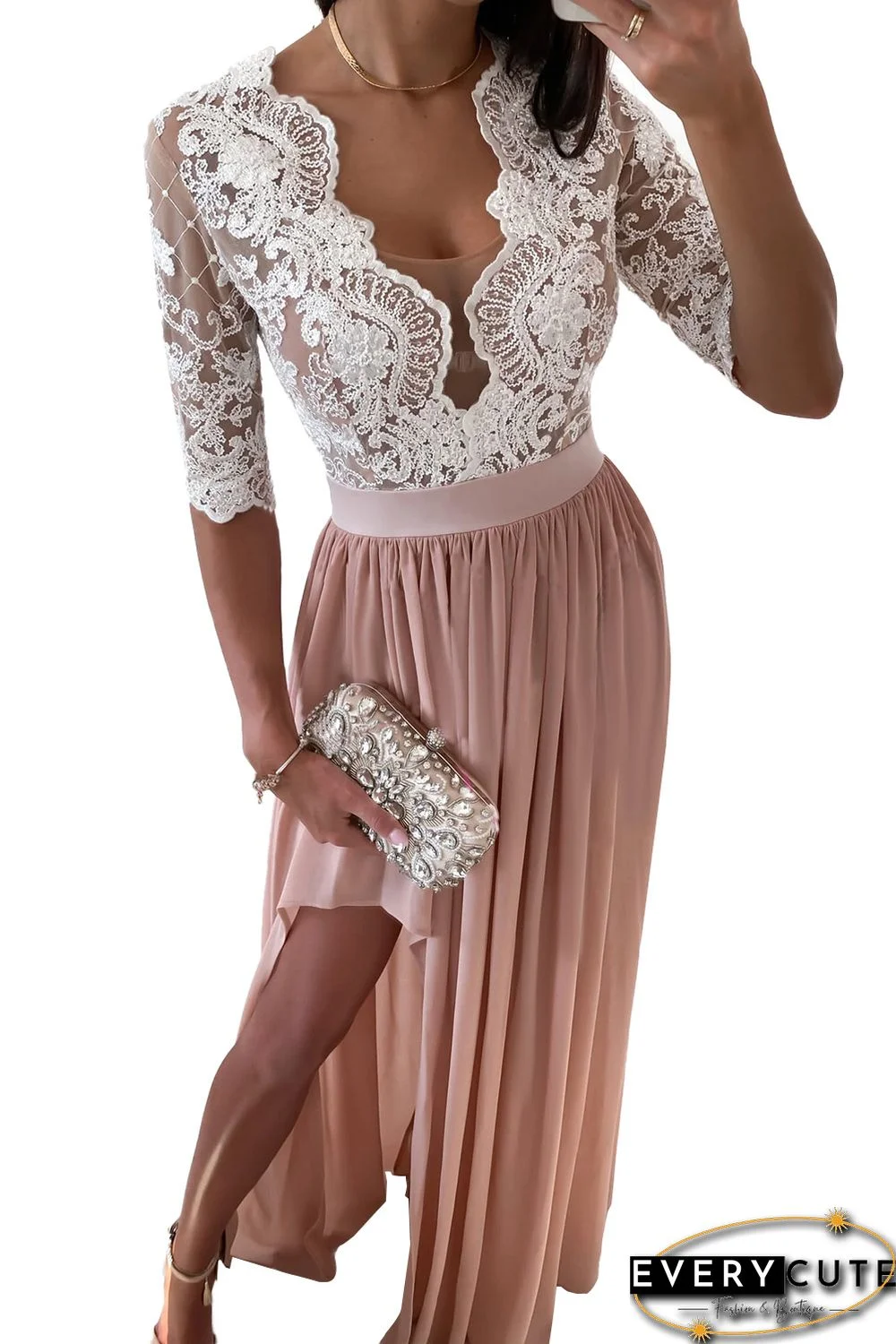 Pink Lace Crochet Patchwork Maxi Dress with Side Split