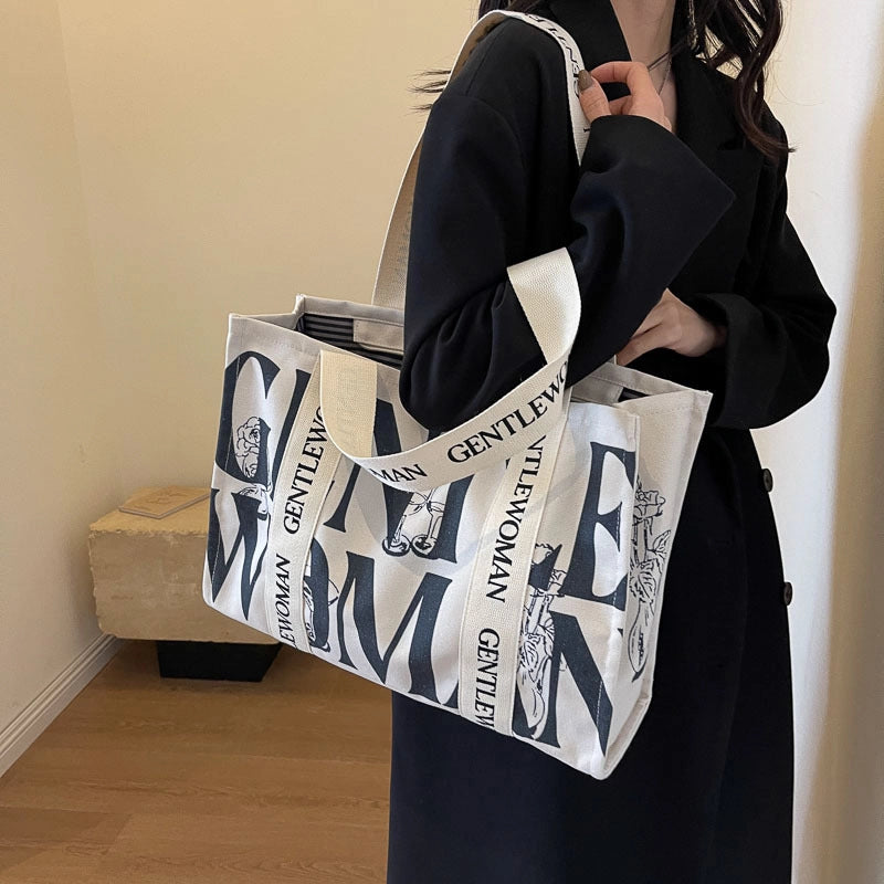 Women’s Large Canvas Letter Streetwear Square Zipper Shoulder Bag