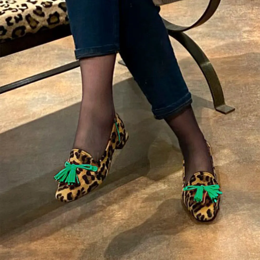 Leopard Print Round Toe Tassel Decor Loafer Flat Shoes Women