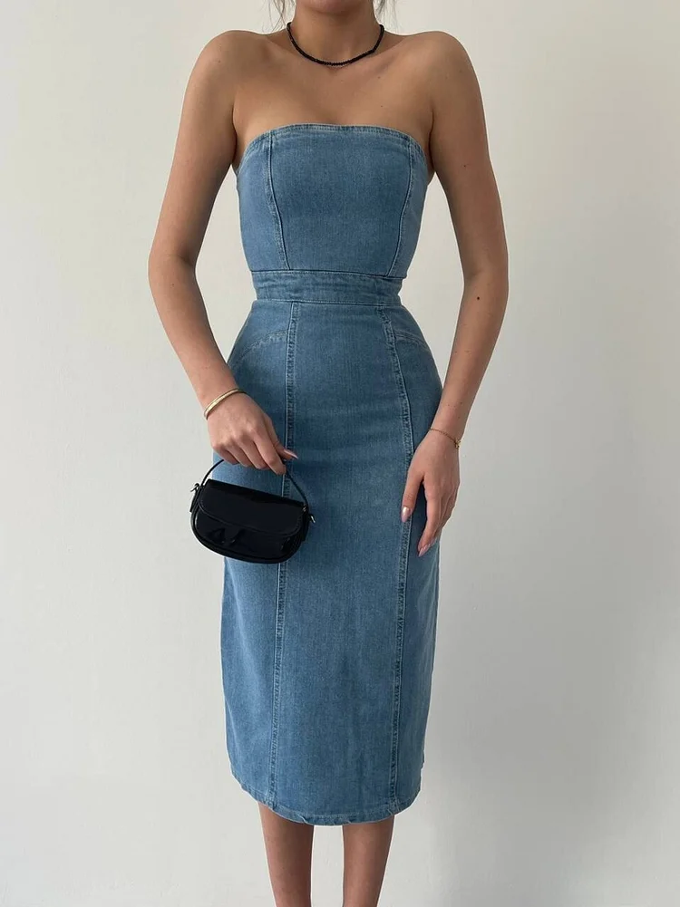 Chic Denim Tube Midi Dress