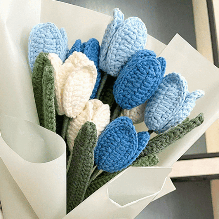 Lulusnow Handmade White Blue Tulip Flower Crochet Flowers Bouquet Wedding/Forever Loving Girlfriend/Wife/Bride Gift