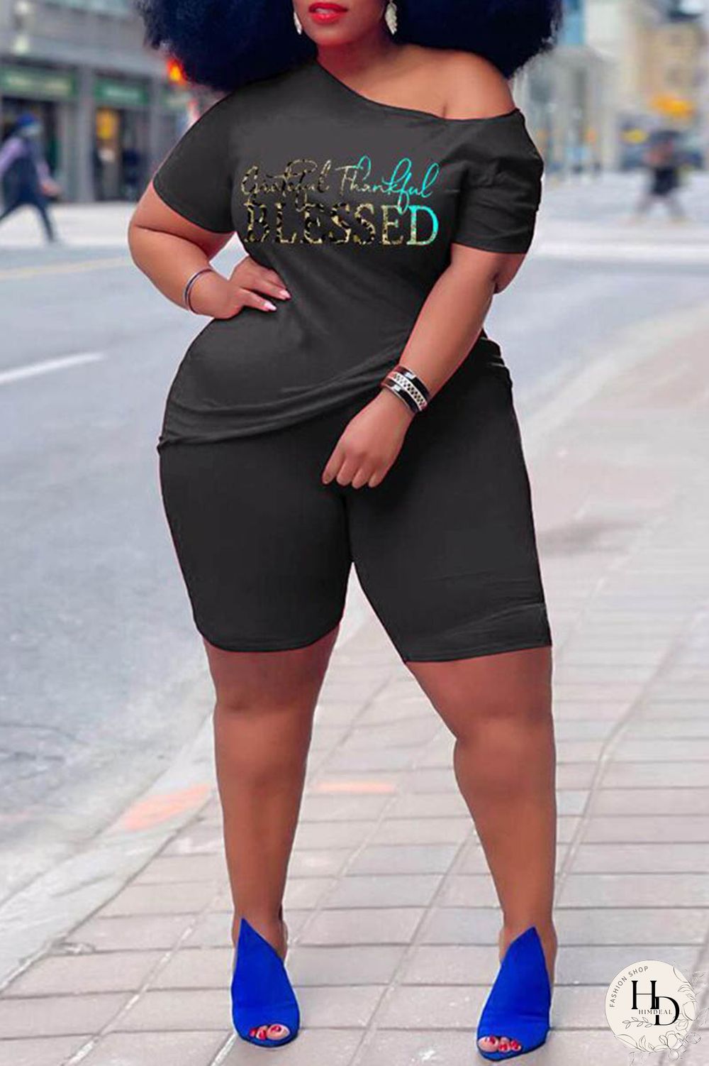 Rose Red Casual Print Basic Oblique Collar Short Sleeve Two Pieces