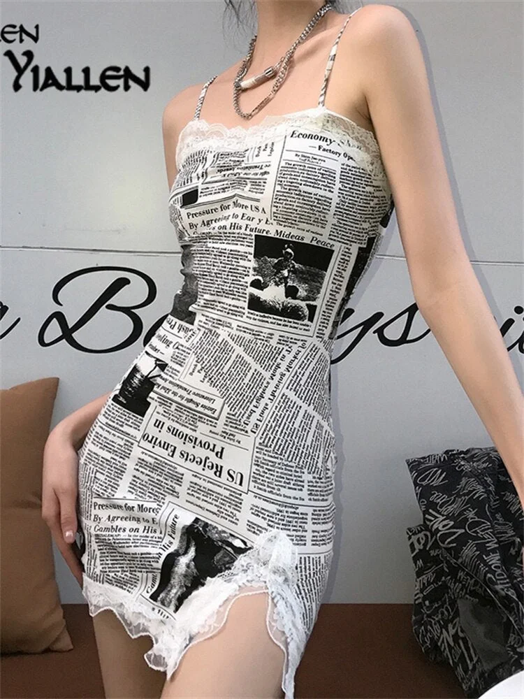 Yiallen Fashion Print Letter Lace Up Camisole Mini Dress Summer New Women High Street Casual Slim Skinny Female Dresses Hot
