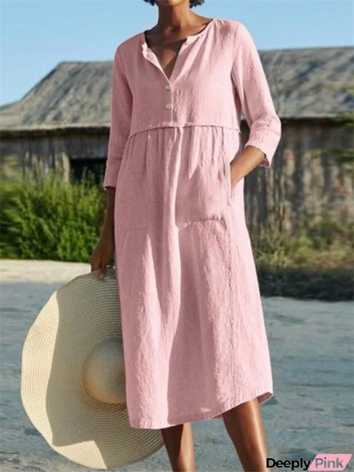 Women Cotton Linen Half Sleeve Midi Dress With Pockets