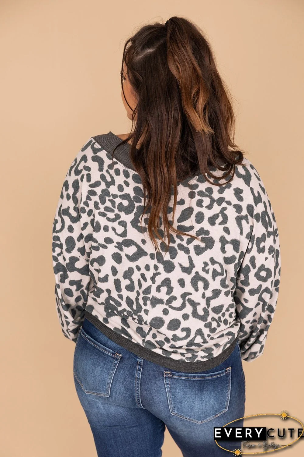 Leopard Print V Neck Loose Plus Size Blouse