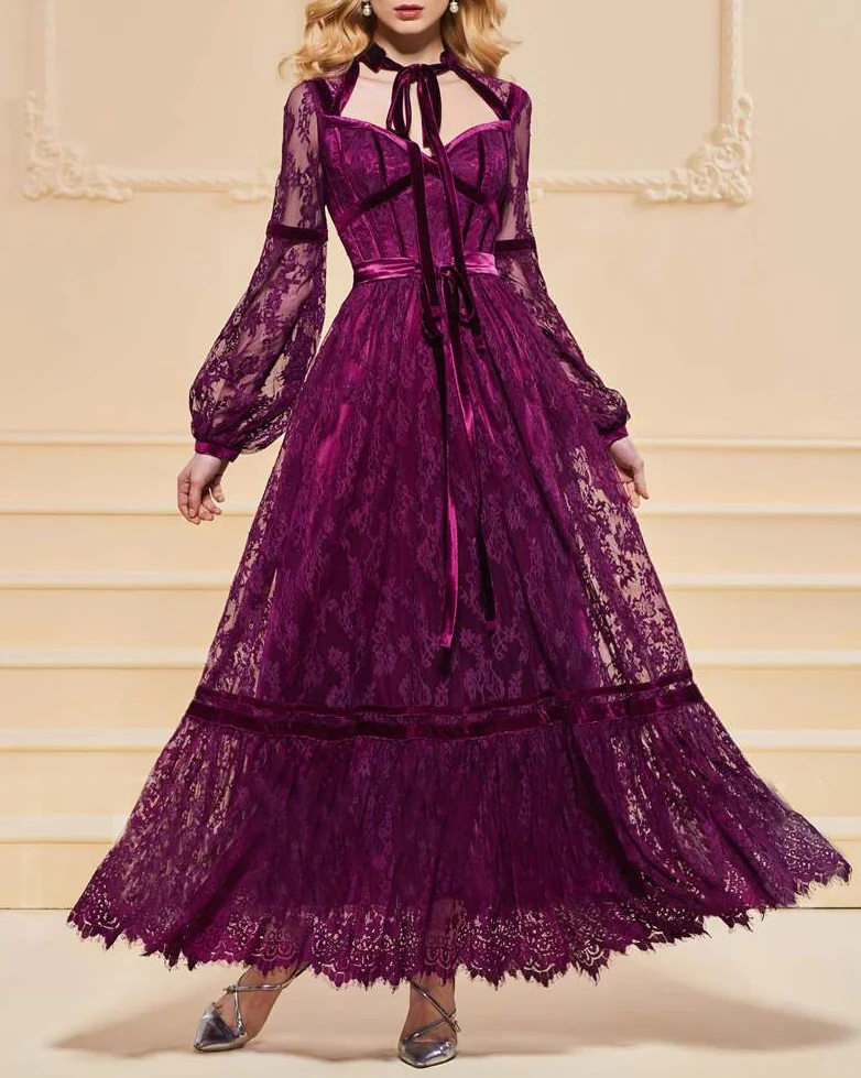 A-Line Button Lace Sashes Evening Dress