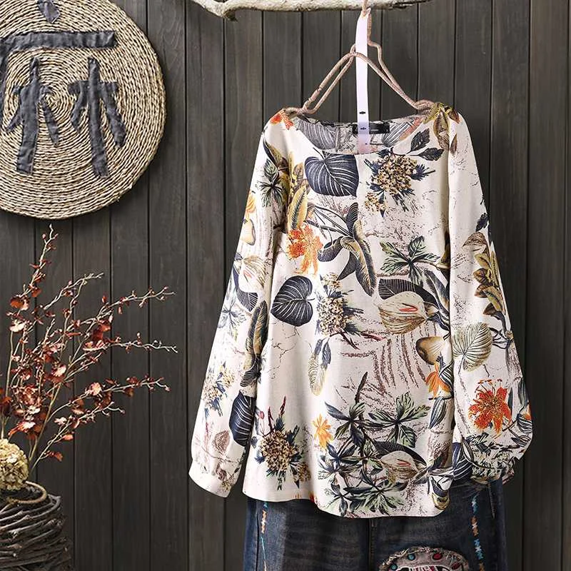 ZANZEA Spring Long Sleeve Floral Printed Blouse Women Vintage Cotton Linen Shirt Tunic Tops Casual Loose Bohemian Blusas Mujer 7