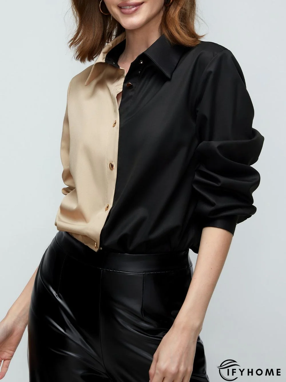 Shirt Collar Color-Block Long Sleeve Plain Blouse | IFYHOME