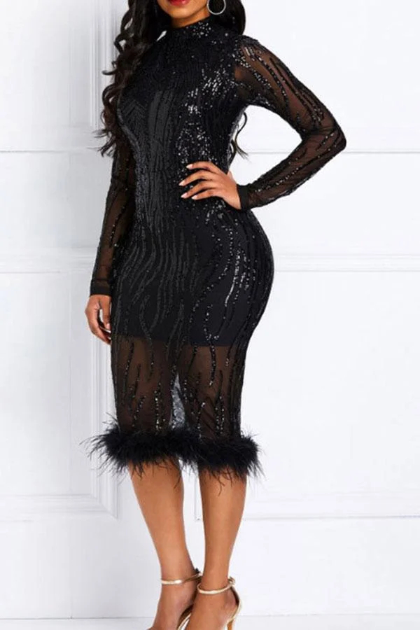 Sequined Elegant See-Through Midi Dress