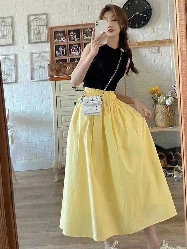 Oocharger Cotton Women Yellow Midi Skirts High Waist A Line Preppy Style Summer Skirts Solid Summer Cute Student Skirts