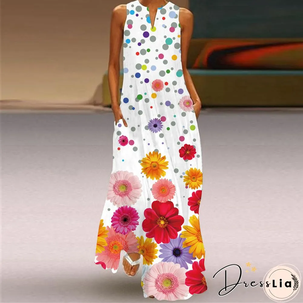 New Fashion Print Summer Dress Casual Sexy Boho Beach Women Party V-neck Sleeveless Pocket