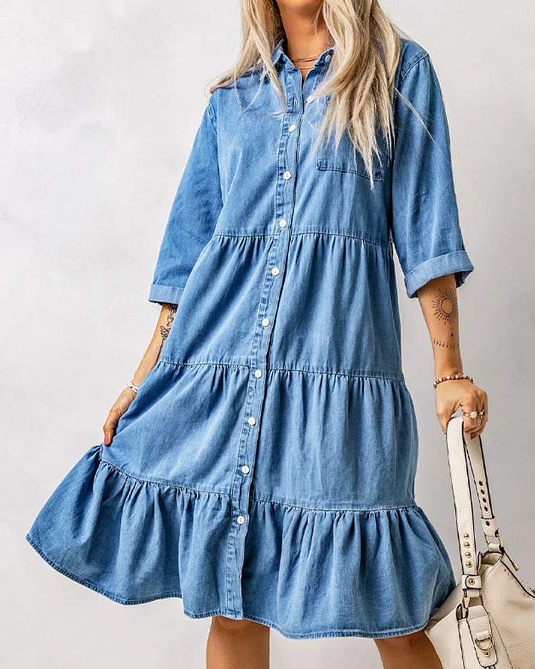 Sky Blue Pleated Denim Full Buckle Midi Dress Women Loose Knee Length