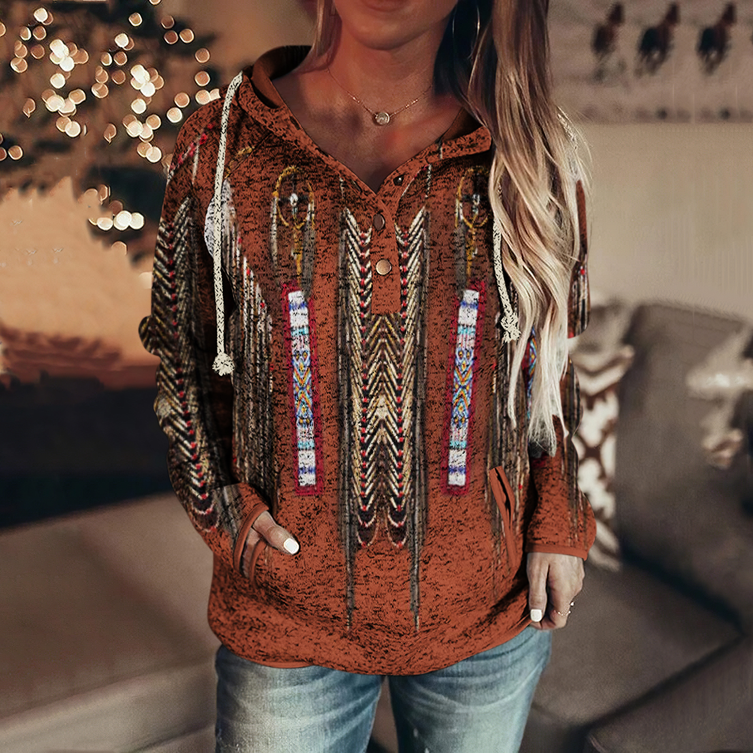  Western Print Long Sleeve Casual Hoodie Westsshops