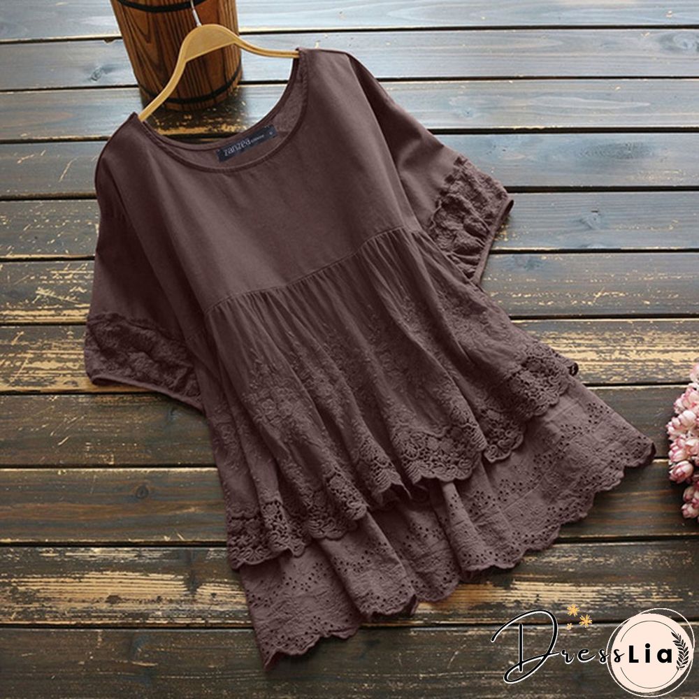 Summer Women Short Sleeve Solid Cotton Shirt Lace Mesh Patchwork Loose Blouse Tops