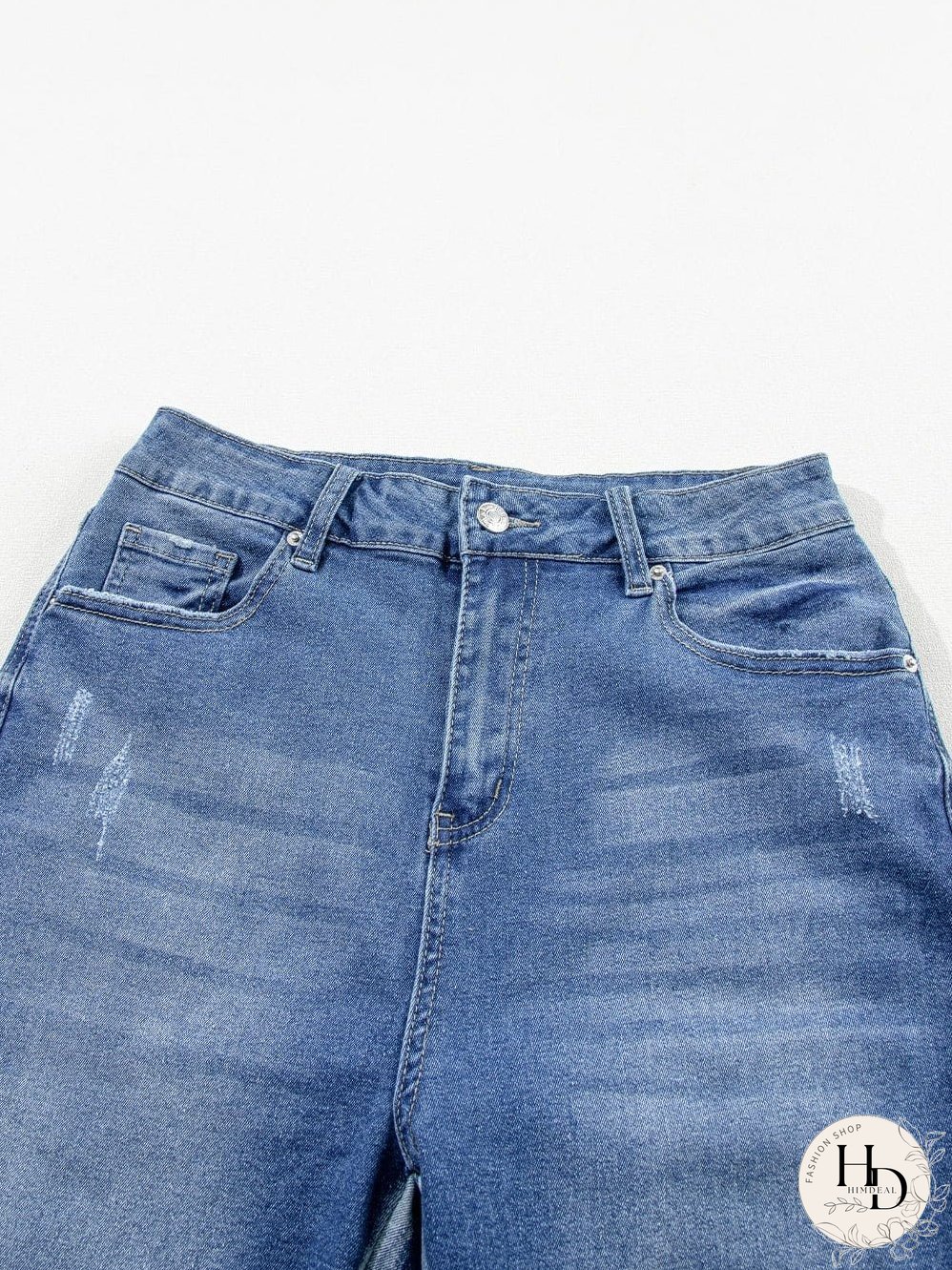 Blue Raw Hem Straight Jeans with Leopard Print Patchwork Detail and Ripped Holes - Women's Denim Clothing