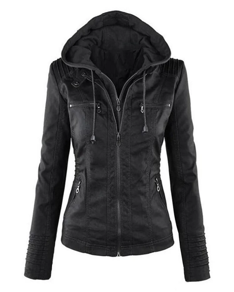 Long Sleeve Solid Color Zip Hooded Leather Jacket