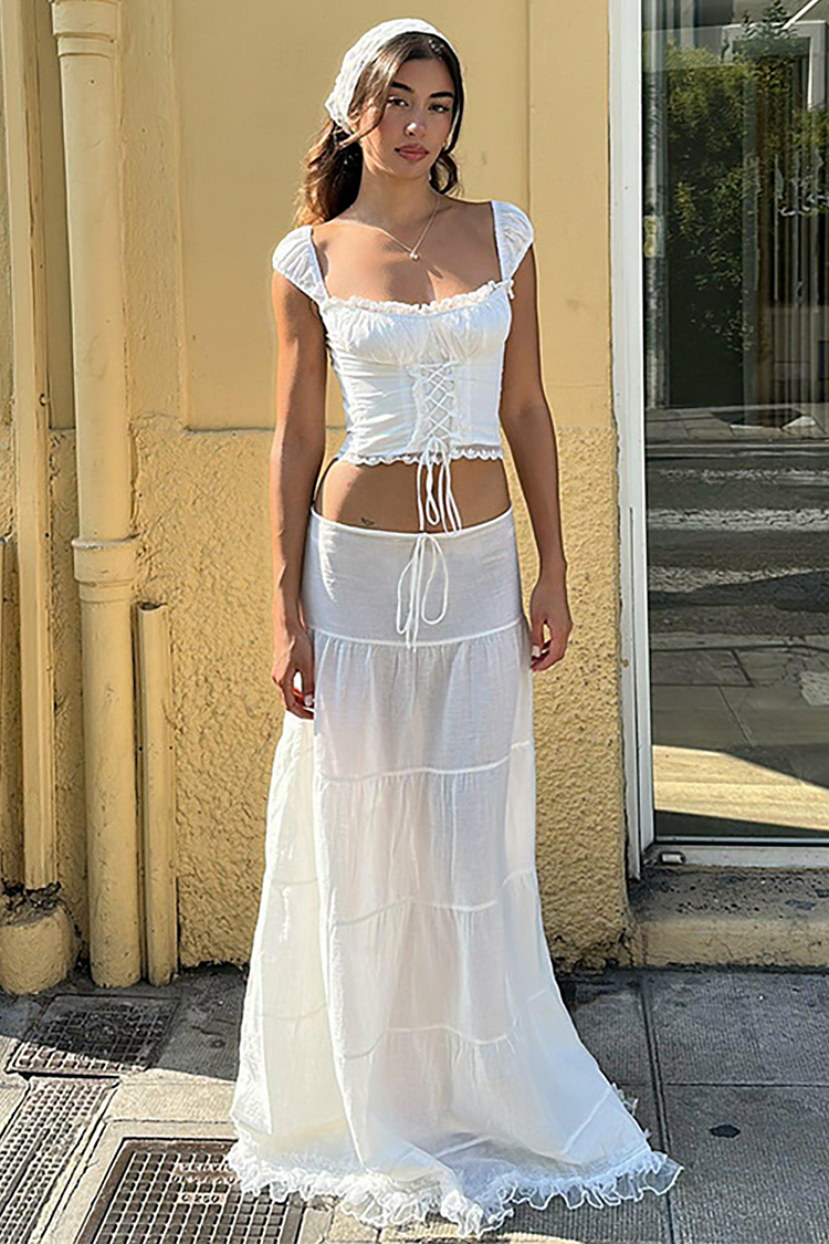 Lace Trim Front Lace Up Wide Strap Crop Top Ruffled Hemline Maxi Skirt Matching Set-White
